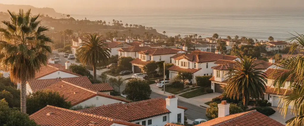 Well-maintained residential rooftops in San Clemente, Orange County, California, with hazy coastal hills beyond