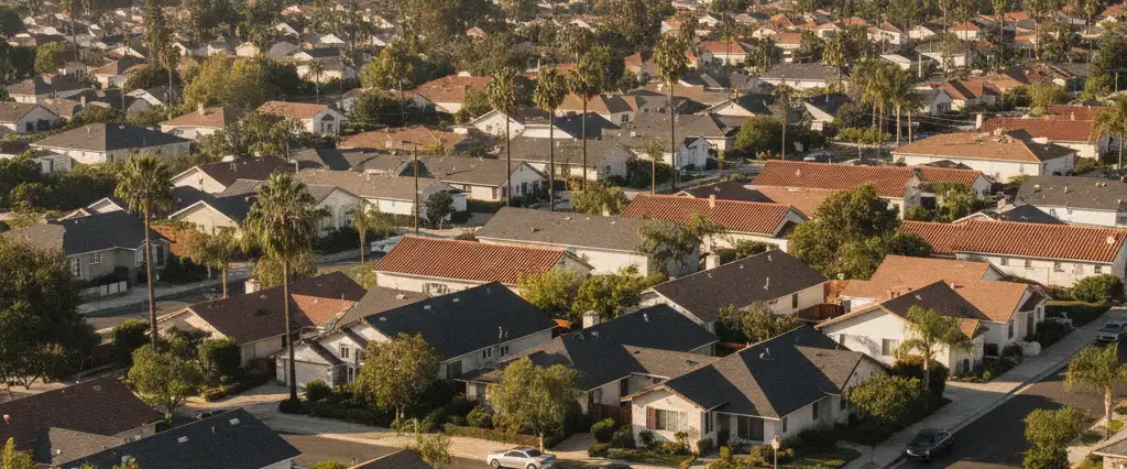 Well-maintained residential rooftops in Santa Ana, Orange County, California, with hazy coastal hills beyond