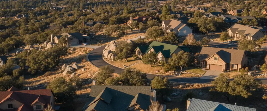 Well-maintained residential rooftops in Rocklin, Placer County, California, with pine forest and the Sierra beyond