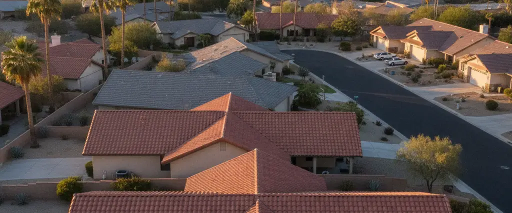 Well-maintained residential rooftops in Canyon Lake, Riverside County, California, with arid mountains in the distance