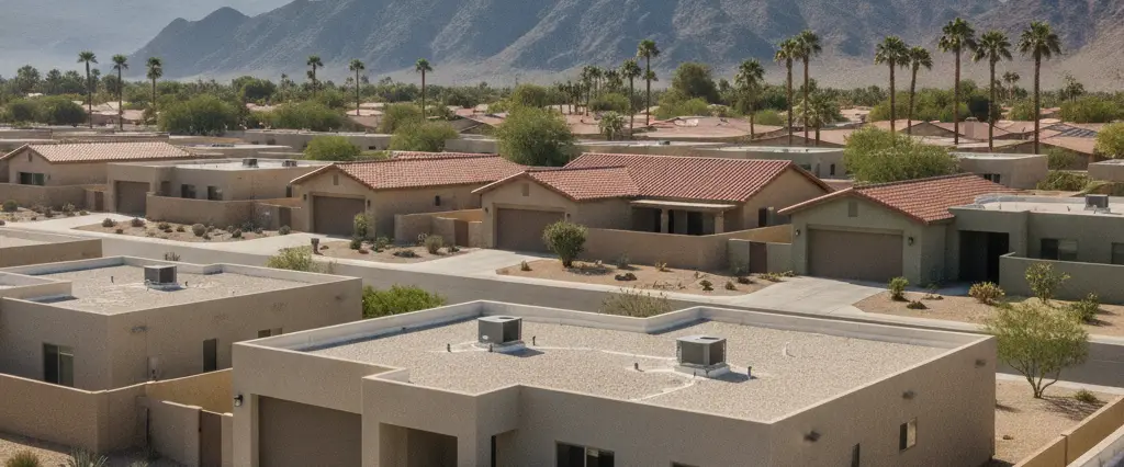 Well-maintained residential rooftops in Cathedral City, Riverside County, California, with arid mountains in the distance