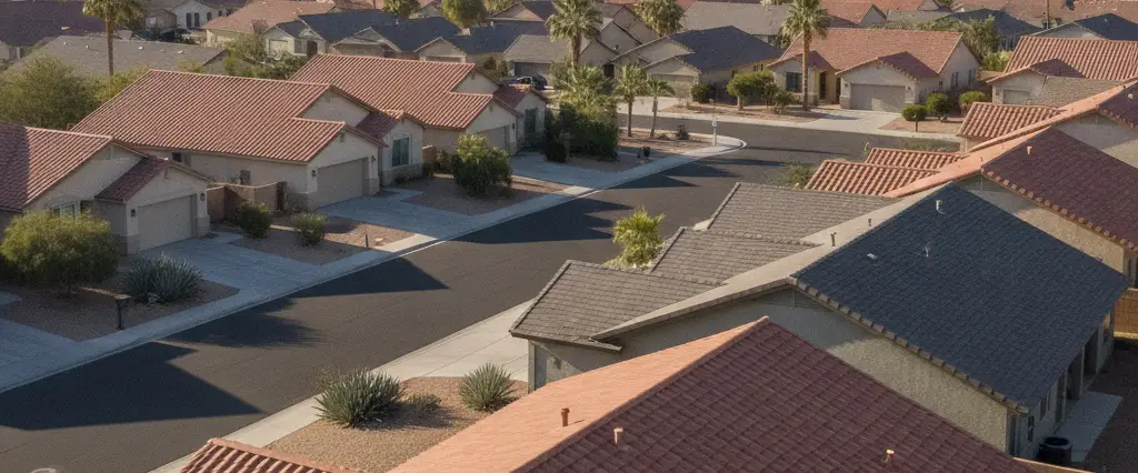Well-maintained residential rooftops in Corona, Riverside County, California, with arid mountains in the distance