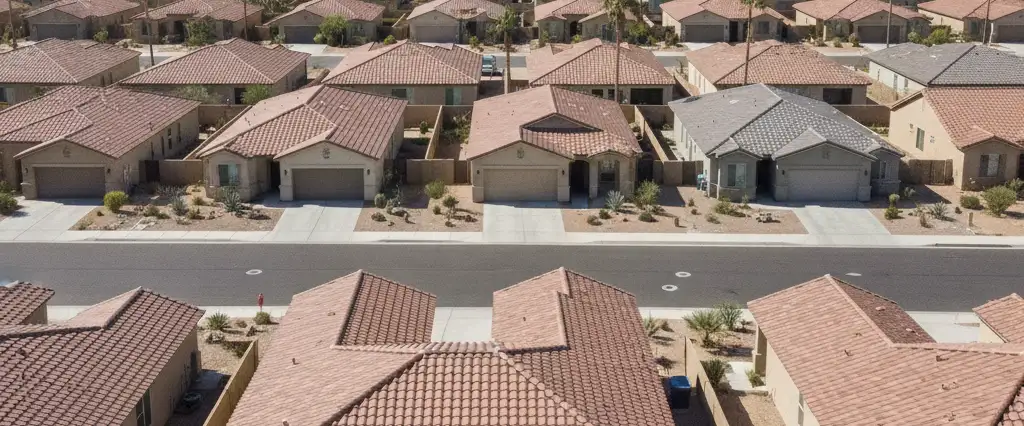Well-maintained residential rooftops in Hemet, Riverside County, California, with arid mountains in the distance