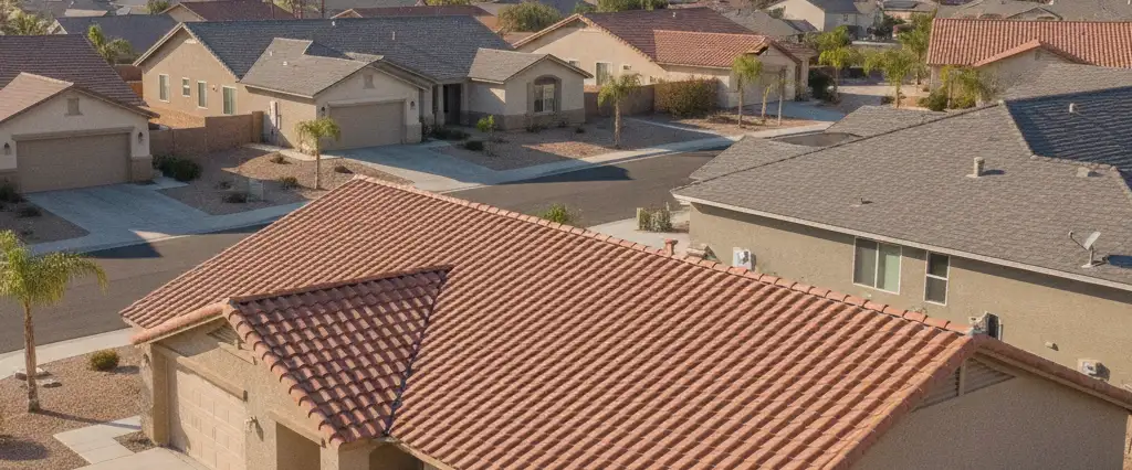 Well-maintained residential rooftops in Murrieta, Riverside County, California, with arid mountains in the distance