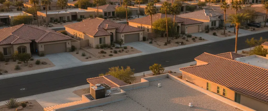 Well-maintained residential rooftops in Palm Springs, Riverside County, California, with arid mountains in the distance