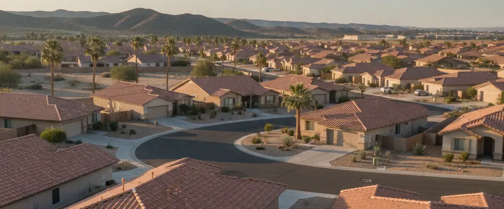 Well-maintained residential rooftops in Sun City, Riverside County, California, with arid mountains in the distance