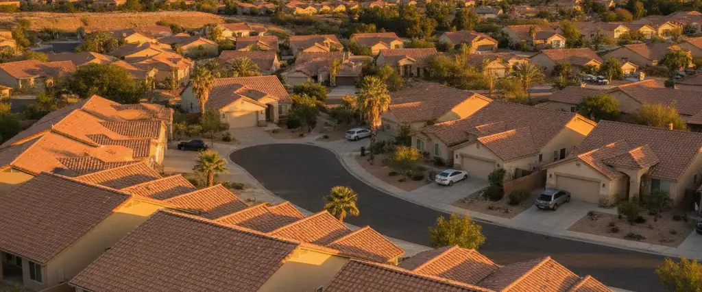 Well-maintained residential rooftops in Temecula, Riverside County, California, with arid mountains in the distance