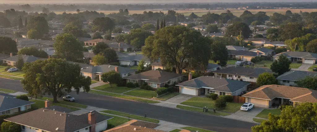 Well-maintained residential rooftops in Citrus Heights, Sacramento County, California, with the open valley and distant foothills