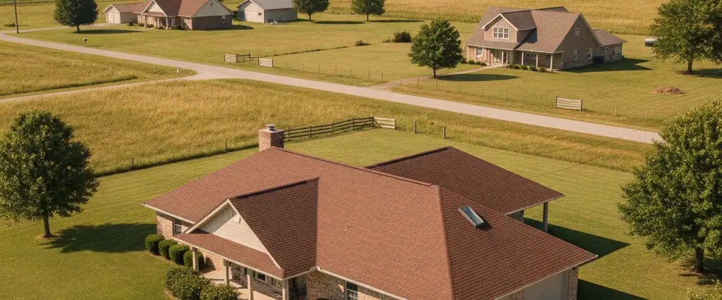 Well-maintained residential rooftops in Clay, Sacramento County, California, with the open valley and distant foothills