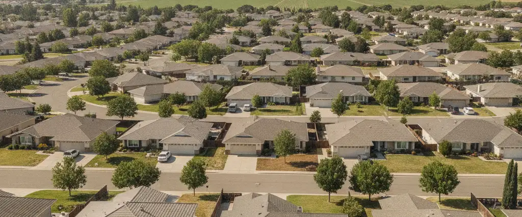 Well-maintained residential rooftops in Elk Grove, Sacramento County, California, with the open valley and distant foothills