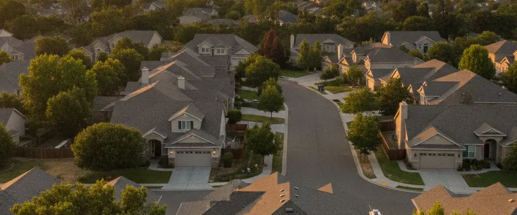 Well-maintained residential rooftops in Folsom, Sacramento County, California, with the open valley and distant foothills