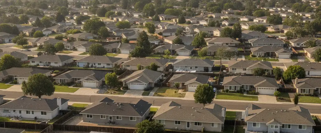 Well-maintained residential rooftops in Rancho Cordova, Sacramento County, California, with the open valley and distant foothills