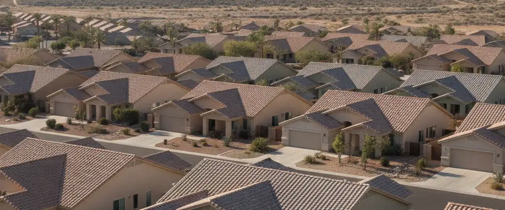Well-maintained residential rooftops in Bloomington, San Bernardino County, California, with arid mountains in the distance
