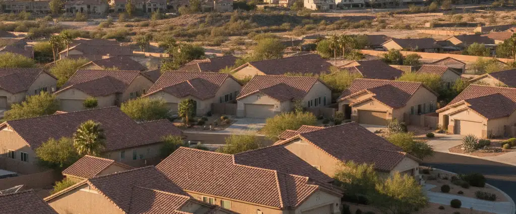 Well-maintained residential rooftops in Fontana, San Bernardino County, California, with arid mountains in the distance