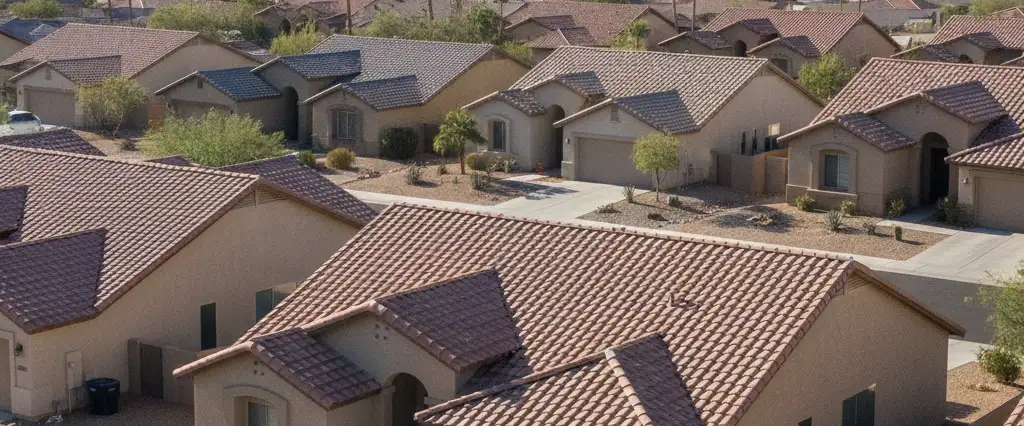 Well-maintained residential rooftops in Montclair, San Bernardino County, California, with arid mountains in the distance