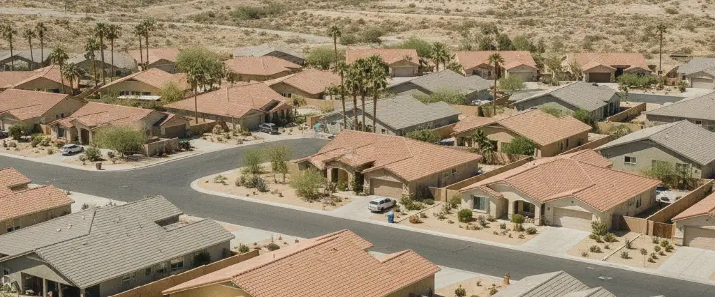 Well-maintained residential rooftops in Ontario, San Bernardino County, California, with arid mountains in the distance