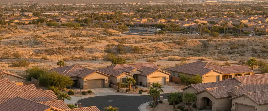 Well-maintained residential rooftops in Rancho Cucamonga, San Bernardino County, California, with arid mountains in the distance