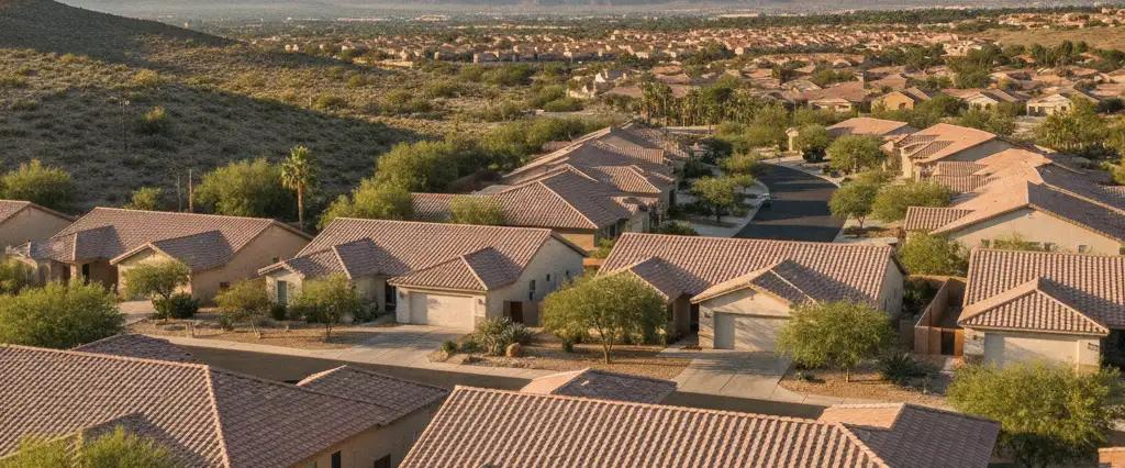 Well-maintained residential rooftops in Redlands, San Bernardino County, California, with arid mountains in the distance