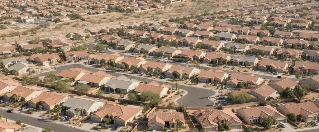 Well-maintained residential rooftops in San Bernardino, San Bernardino County, California, with arid mountains in the distance