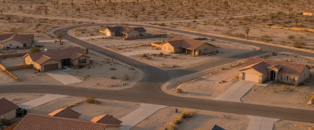 Well-maintained residential rooftops in Victorville, San Bernardino County, California, with arid mountains in the distance