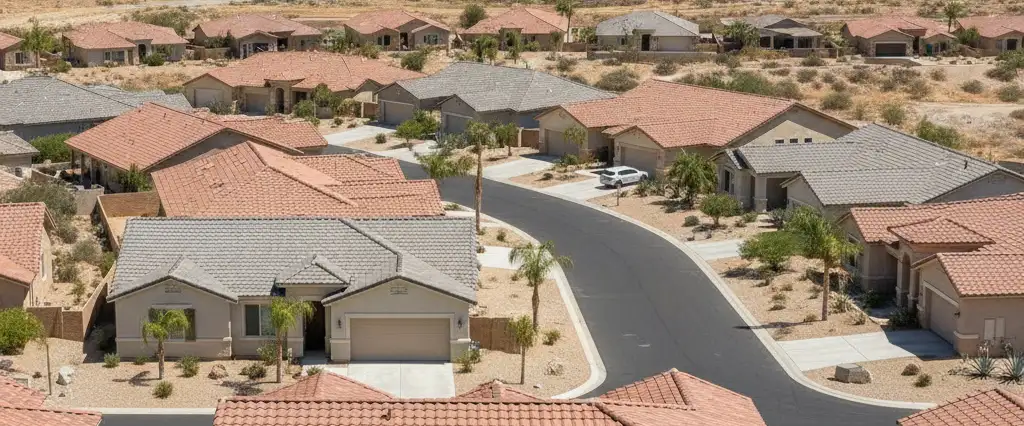 Well-maintained residential rooftops in Yucaipa, San Bernardino County, California, with arid mountains in the distance