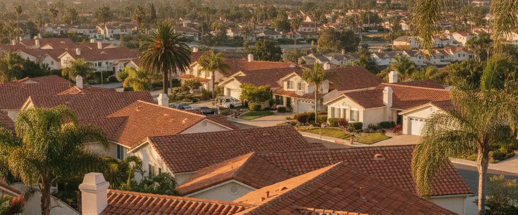 Well-maintained residential rooftops in Chula Vista, San Diego County, California, with hazy coastal hills beyond