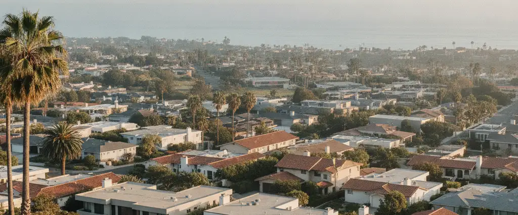 Well-maintained residential rooftops in Encinitas, San Diego County, California, with hazy coastal hills beyond