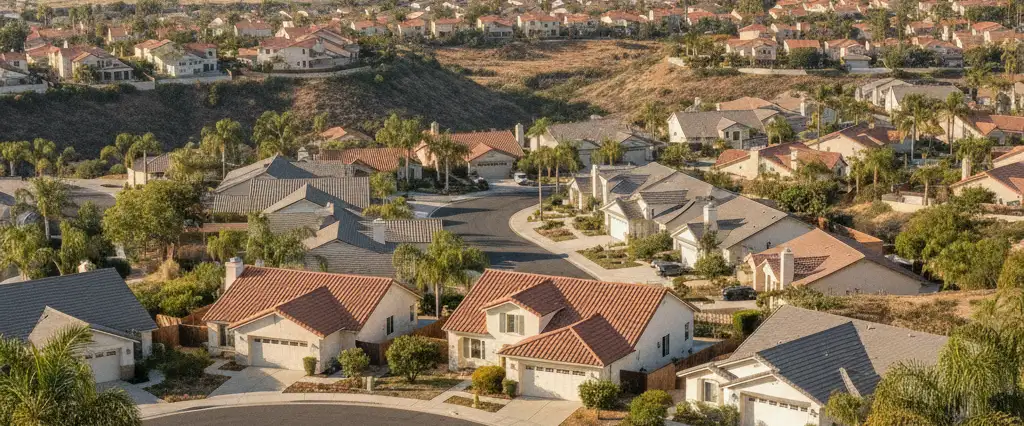 Well-maintained residential rooftops in Escondido, San Diego County, California, with hazy coastal hills beyond