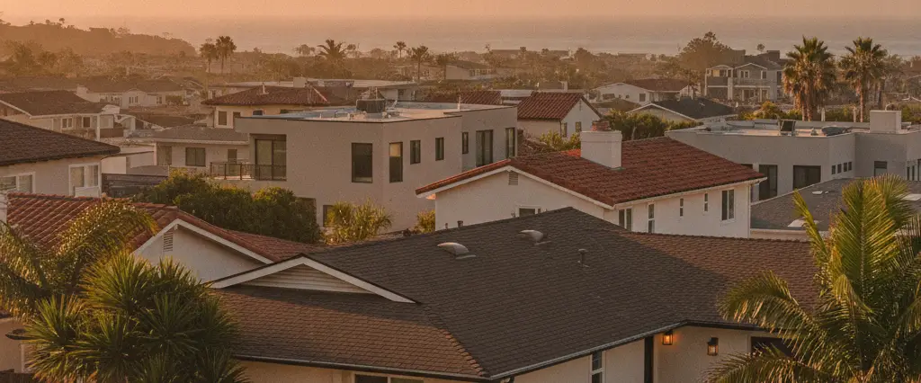 Well-maintained residential rooftops in Oceanside, San Diego County, California, with hazy coastal hills beyond