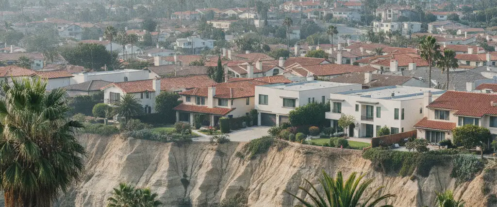 Well-maintained residential rooftops in San Diego, San Diego County, California, with hazy coastal hills beyond
