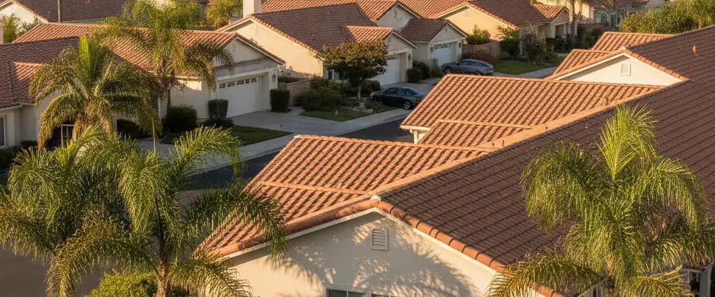 Well-maintained residential rooftops in San Marcos, San Diego County, California, with hazy coastal hills beyond