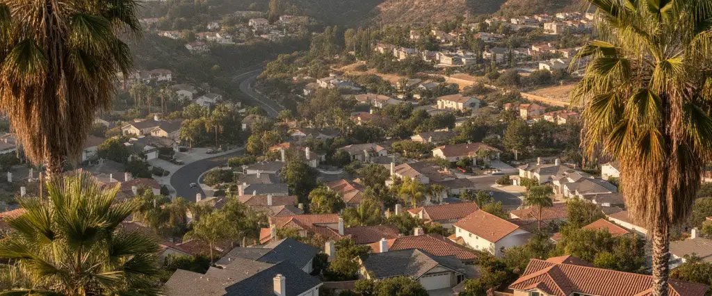 Well-maintained residential rooftops in Santee, San Diego County, California, with hazy coastal hills beyond