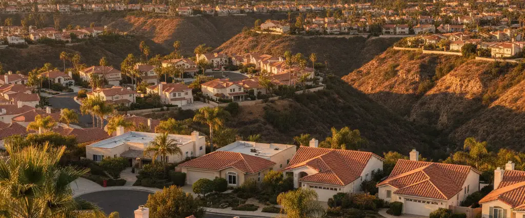 Well-maintained residential rooftops in Vista, San Diego County, California, with hazy coastal hills beyond
