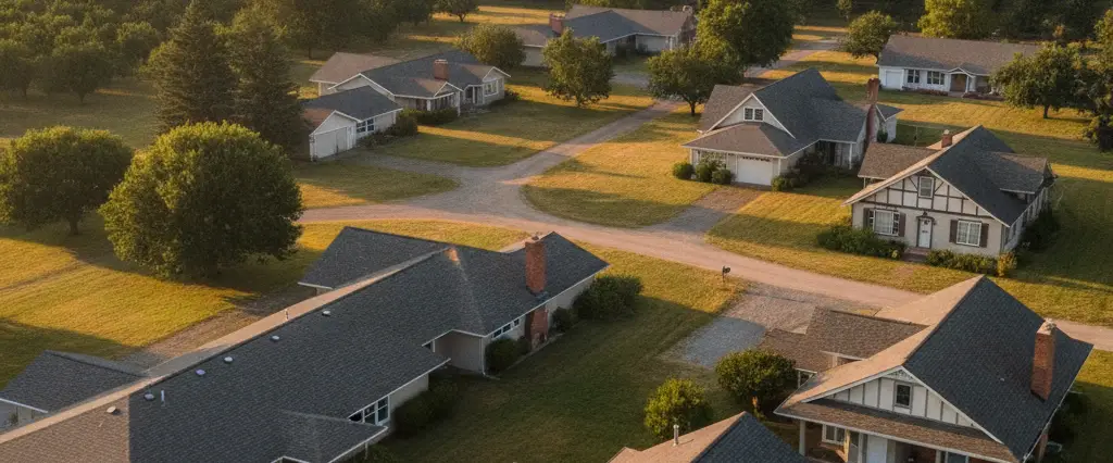 Well-maintained residential rooftops in Farmington, San Joaquin County, California, with the open valley and distant foothills