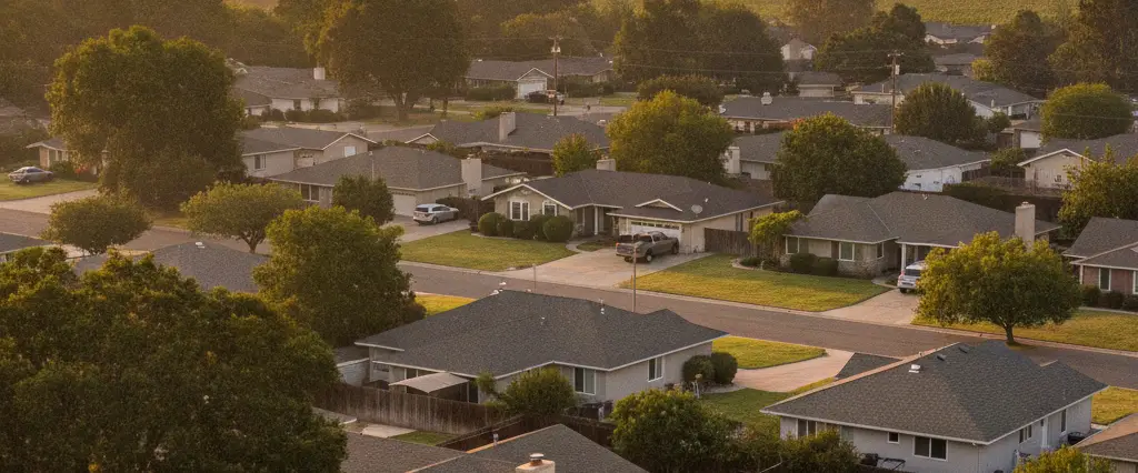 Well-maintained residential rooftops in Lodi, San Joaquin County, California, with the open valley and distant foothills