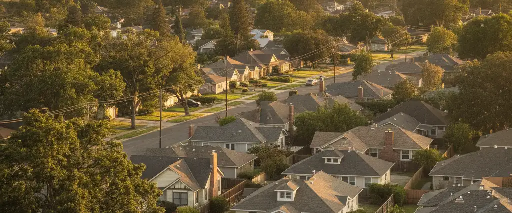 Well-maintained residential rooftops in Stockton, San Joaquin County, California, with the open valley and distant foothills