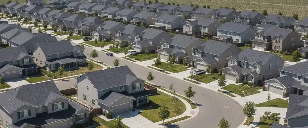 Well-maintained residential rooftops in Tracy, San Joaquin County, California, with the open valley and distant foothills