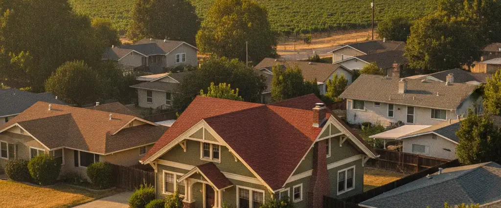 Well-maintained residential rooftops in Woodbridge, San Joaquin County, California, with the open valley and distant foothills