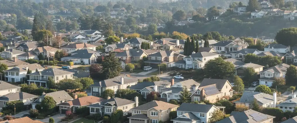 Well-maintained residential rooftops in Belmont, San Mateo County, California, with rolling hills and coastal haze