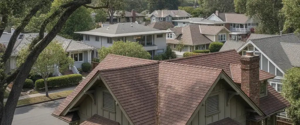 Well-maintained residential rooftops in Menlo Park, San Mateo County, California, with rolling hills and coastal haze