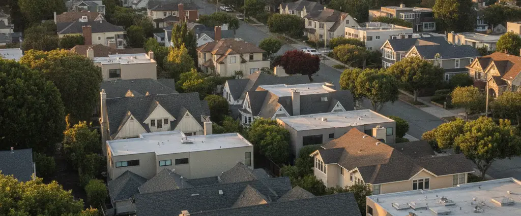 Well-maintained residential rooftops in Redwood City, San Mateo County, California, with rolling hills and coastal haze