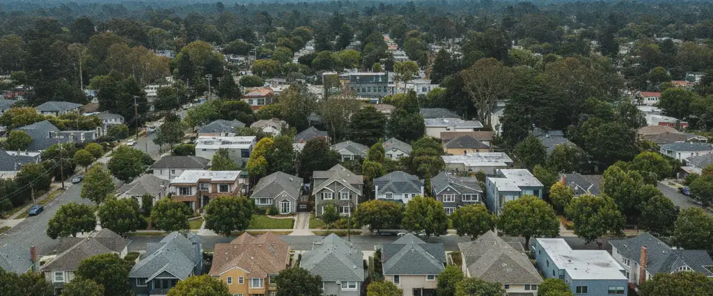 Well-maintained residential rooftops in San Mateo, San Mateo County, California, with rolling hills and coastal haze