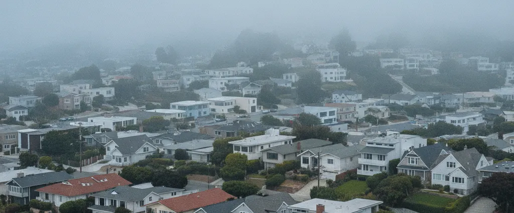 Well-maintained residential rooftops in South San Francisco, San Mateo County, California, with rolling hills and coastal haze