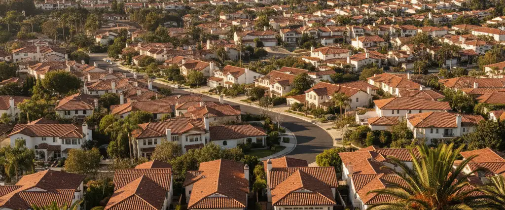 Well-maintained residential rooftops in Santa Barbara, Santa Barbara County, California, with hazy coastal hills beyond