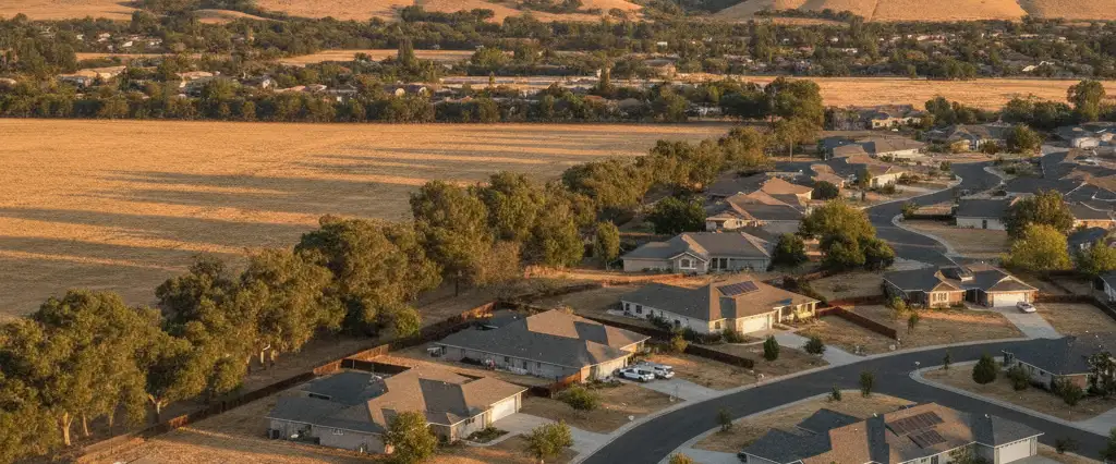 Well-maintained residential rooftops in Gilroy, Santa Clara County, California, with rolling hills and coastal haze
