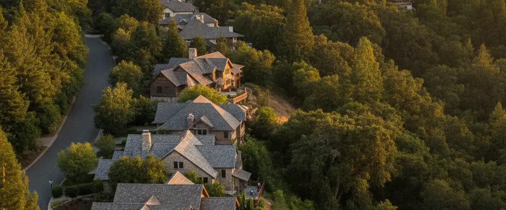 Well-maintained residential rooftops in Los Gatos, Santa Clara County, California, with rolling hills and coastal haze