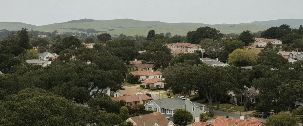 Well-maintained residential rooftops in Palo Alto, Santa Clara County, California, with rolling hills and coastal haze