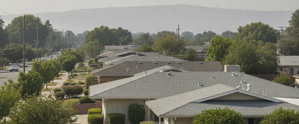 Well-maintained residential rooftops in Santa Clara, Santa Clara County, California, with rolling hills and coastal haze