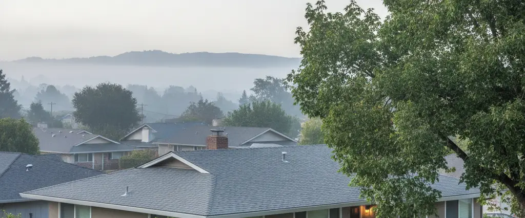 Well-maintained residential rooftops in Sunnyvale, Santa Clara County, California, with rolling hills and coastal haze