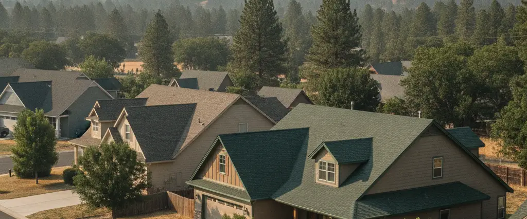 Well-maintained residential rooftops in Anderson, Shasta County, California, with tall conifers and coastal fog